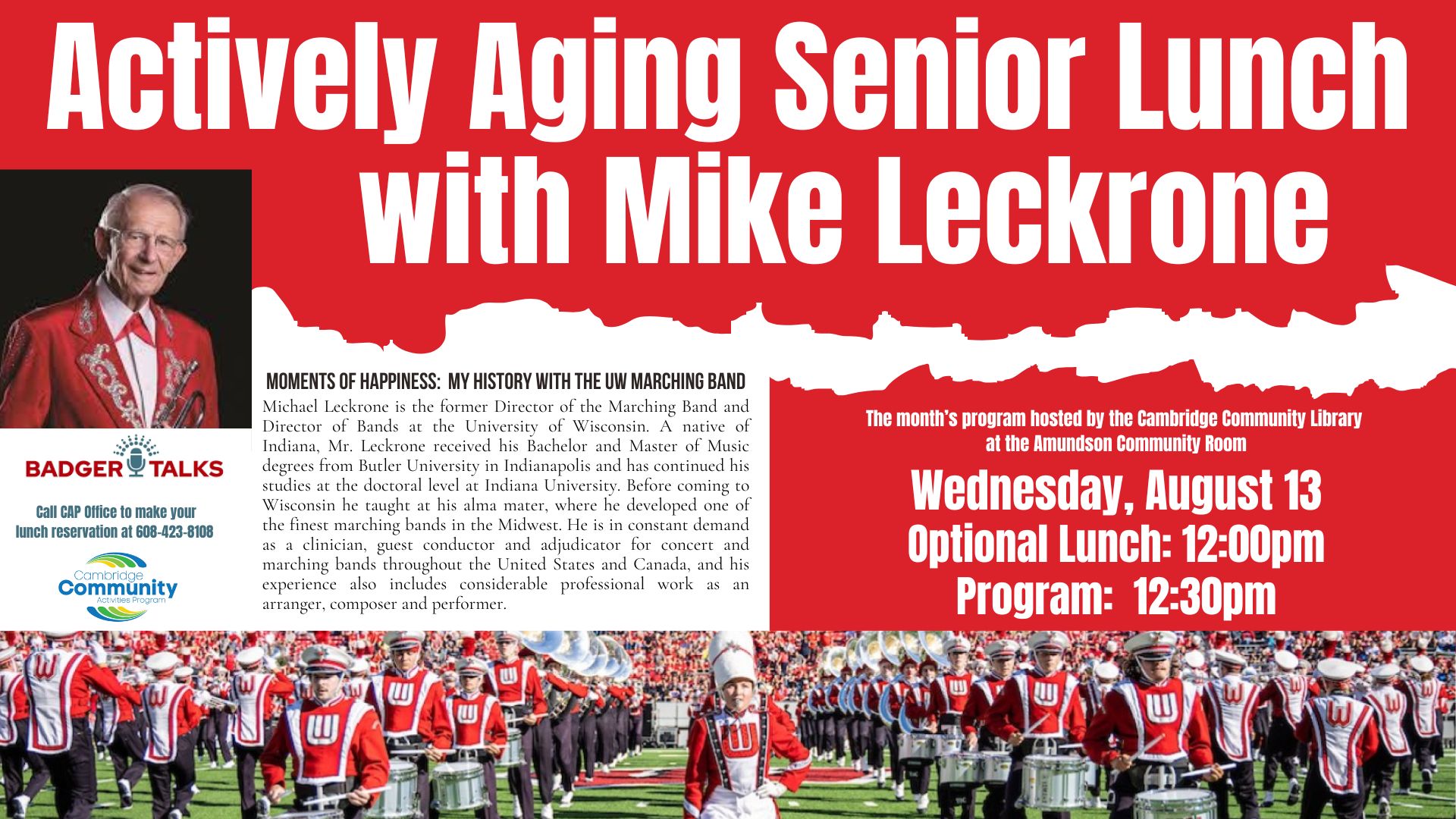 Actively Aging Luncheon featuring Mike Leckrone August 13th at noon