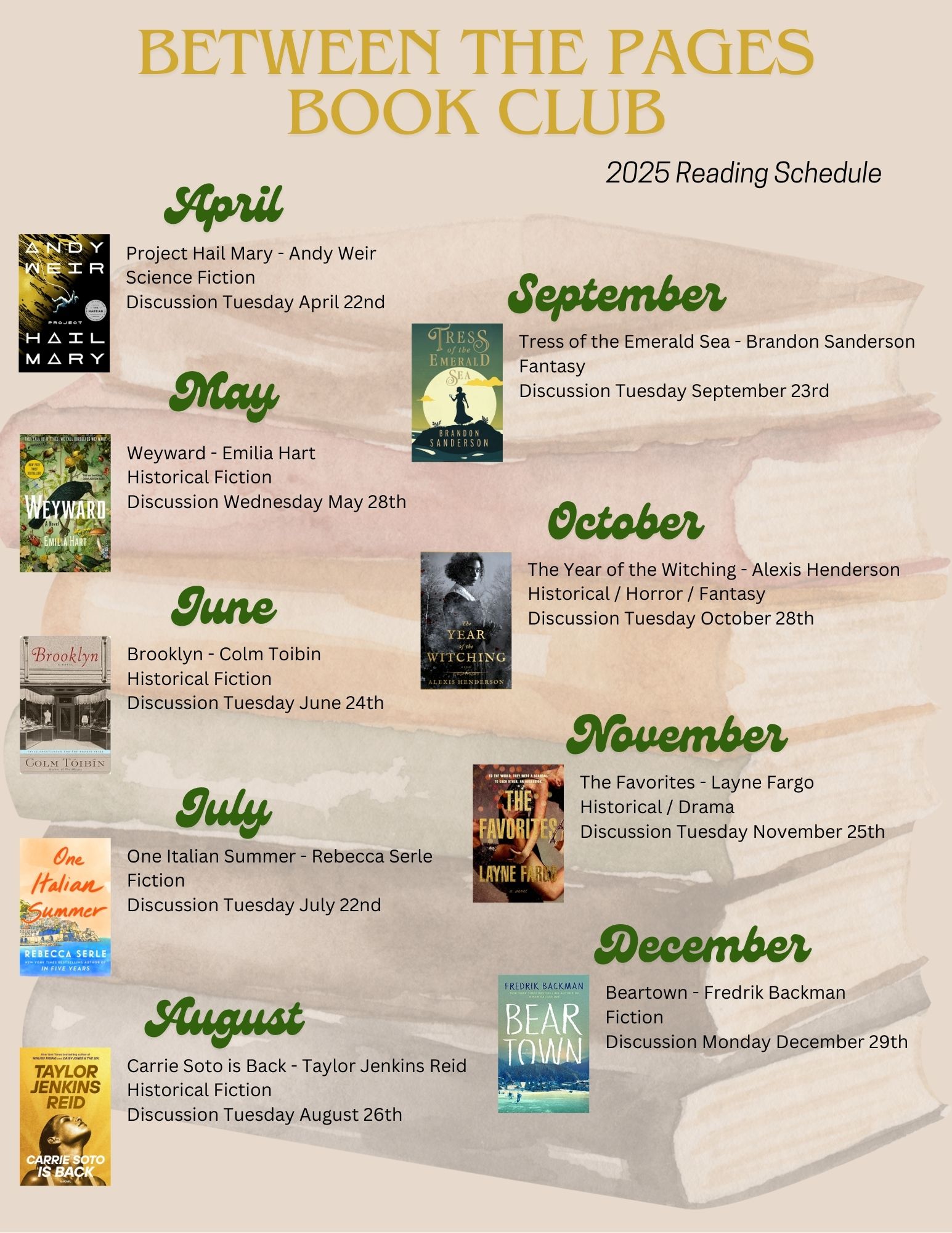 Book Club reading list for april-december 2025